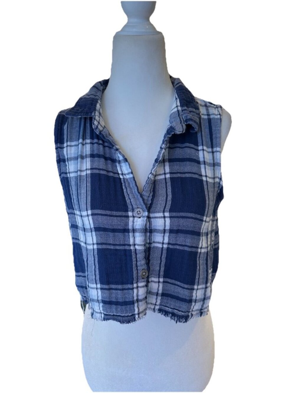 Vintage Havana Women's Cropped Sleeveless Blue Plaid Button Up Size S Grunge